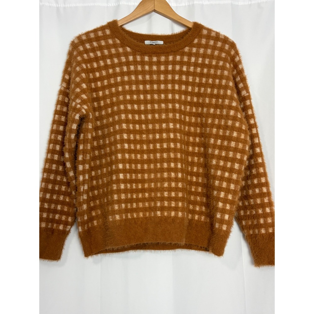FRENCH PARIS Brown Gingham Fuzzy Sweater Crewneck Capsule Quiet Luxury S/M